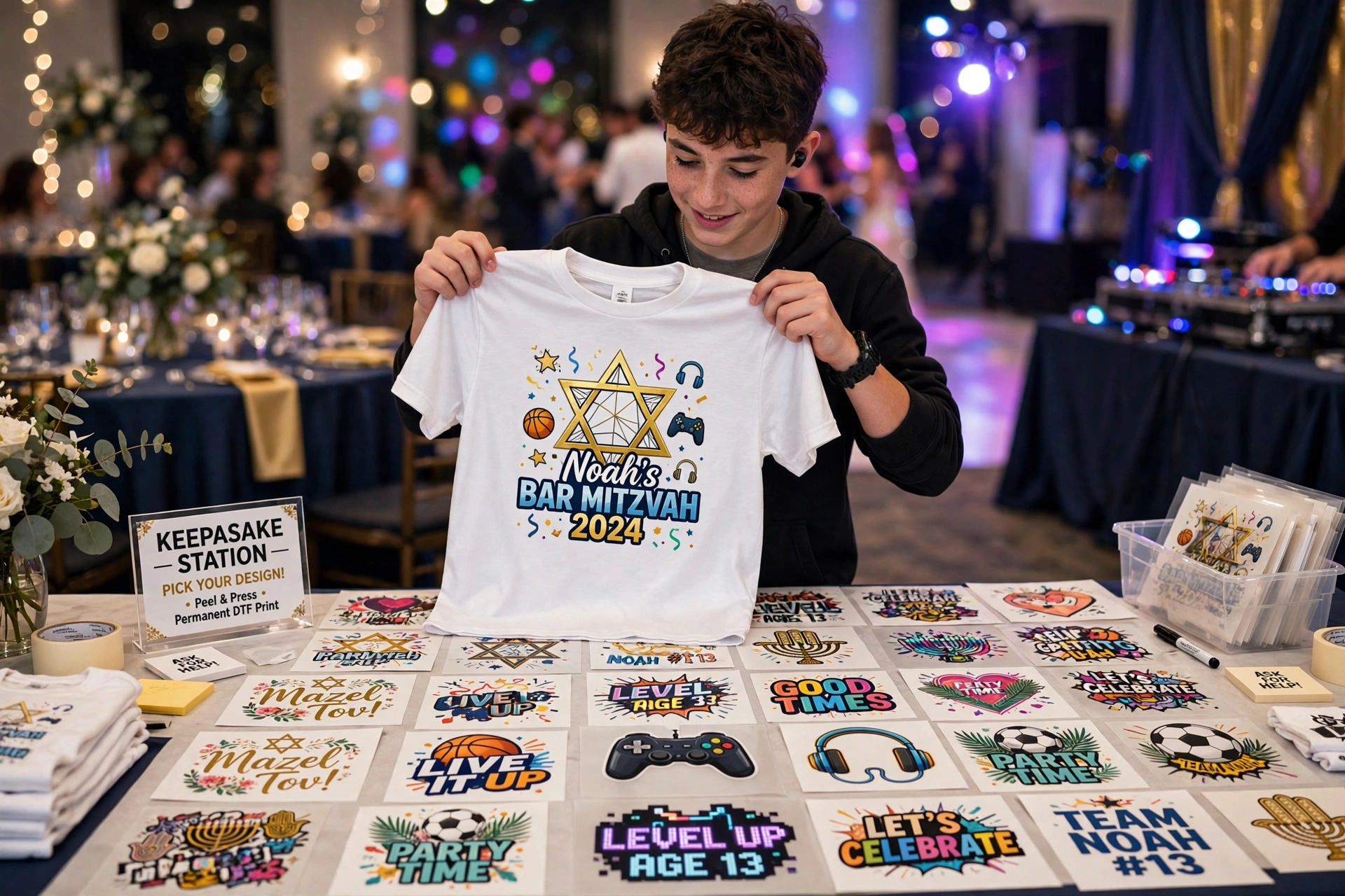 Live heat press keepsake station at a Bar Mitzvah