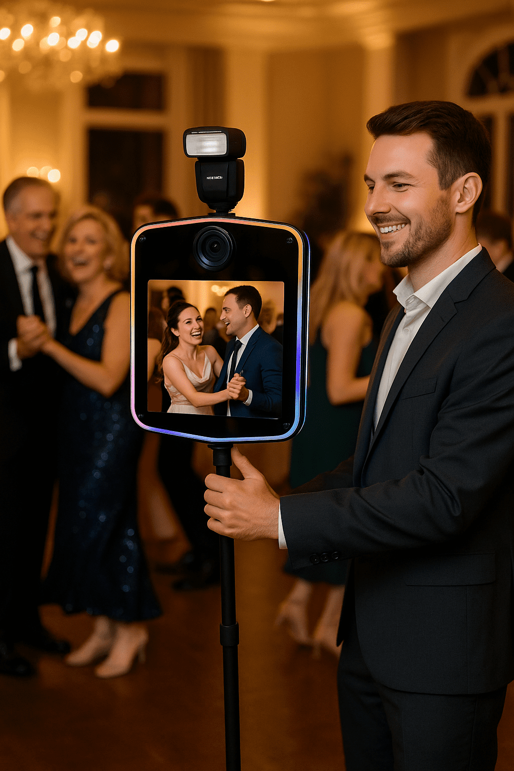 Elegant wedding reception with a roaming photo booth capturing the newlyweds dancing, ballroom chandelier in the background